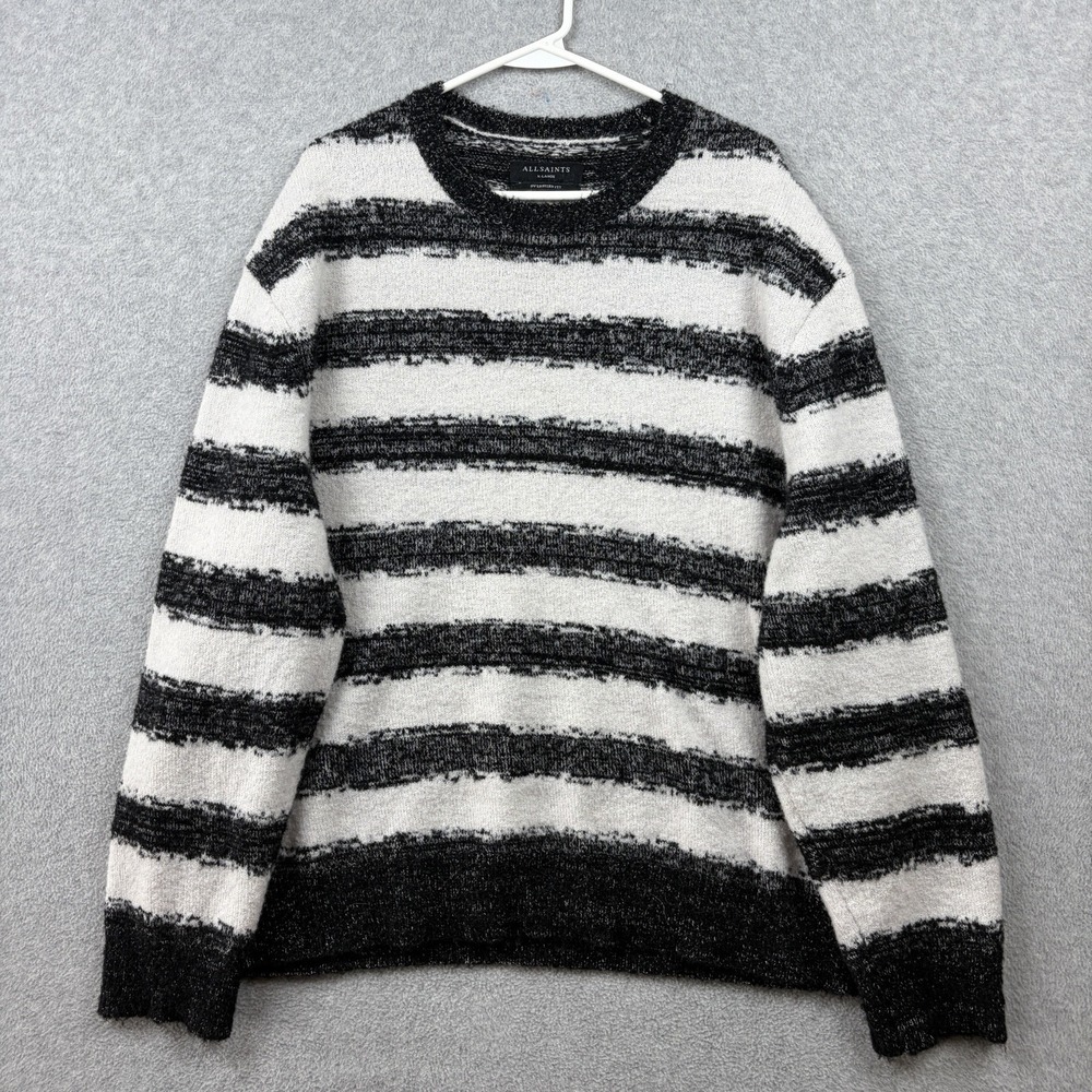 All Saints Sweater Mens XL White Black Striped Wool Blend Lexi Crew Oversized